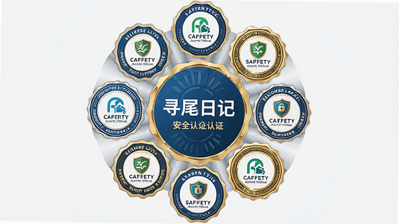 寻尾日记的安全认证标识,主体为多个安全徽章,布局为环形排列,排版对称,风格信任感强,细节展示认证机构Logo,画质高清,干净,无多余元素