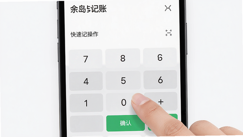 主体为余岛记账的快速记账操作界面,突出显示数字键盘和“确认”按钮,布局紧凑,风格现代简约,细节展示手指点击动作,画质清晰,干净背景