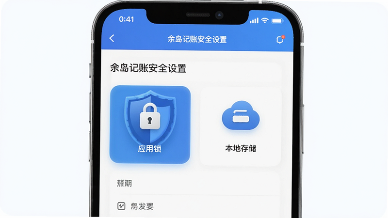 主体为余岛记账的安全设置界面,突出显示“应用锁”和“本地存储”图标,布局严谨,风格科技感,细节展示盾牌符号,画质清晰,干净背景