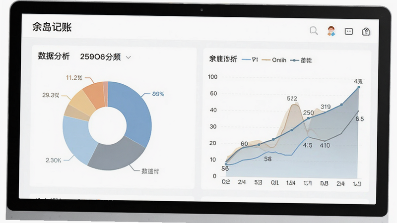 主体为余岛记账的数据分析页面,包含饼图和折线图,布局清晰,色彩柔和,风格专业商务,细节展示数据标签,画质高清,无干扰元素