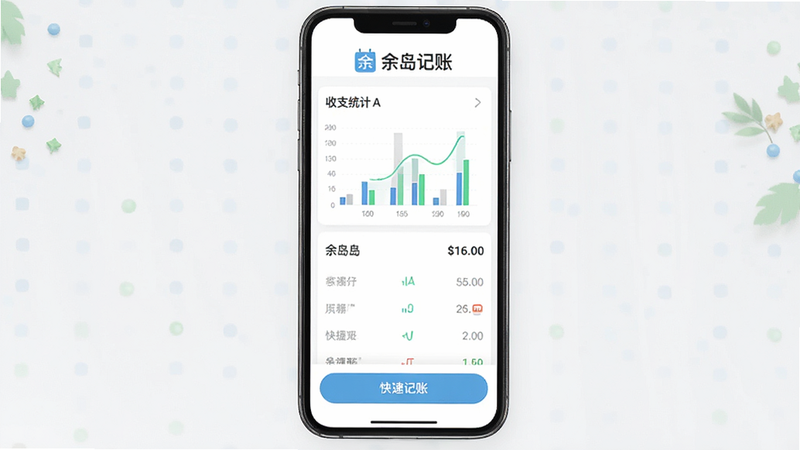 主体为余岛记账APP界面全景,布局简洁清新,顶部显示“余岛记账”Logo,中间是收支统计图表,底部是快捷记账按钮,风格扁平化,细节清晰,画质高清,干净无多余元素
