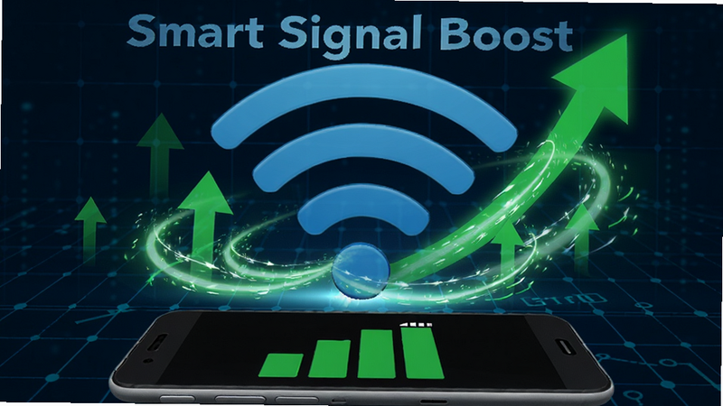 һ��չʾ�����ź��Ż��ĸ���ͼ��������һ���޴����ɫWiFi�ź�ͼ�꣬��Χ��������ɫ��������ͷ��������Ч�������ź�ǿ�ȵ�����������������ɫ�ĿƼ�����ǰ����һ����׿�ֻ�������ʾ������źŸ����ֱ�ע