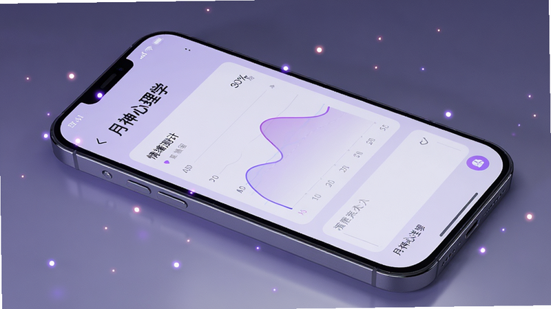 一张展示“月神心理学”APP界面全景的高清渲染图,主体为手机屏幕显示着柔和的紫色调心理测评界面,布局整洁,包含情绪曲线图表和文字输入框,排版遵循极简主义风格,细节处有微光粒子效果,风格现代科技感,画质4k,干净无多余元素