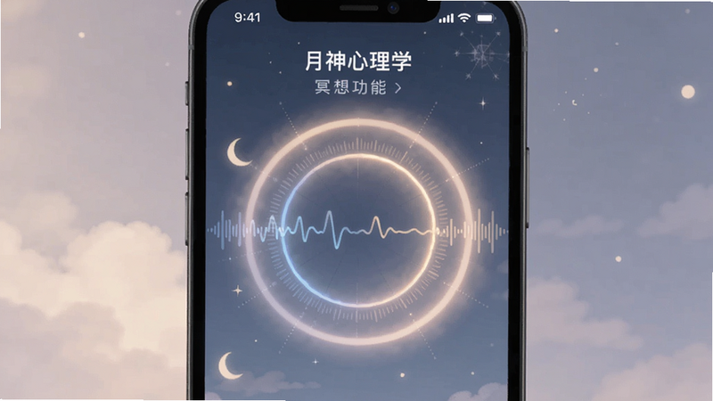 展示“月神心理学”冥想功能界面的手机屏幕,屏幕中央是一个呼吸节奏的圆形动画,周围环绕着柔和的光晕,布局对称平衡,风格宁静致远,细节展现声音波纹,画质细腻,无杂乱背景