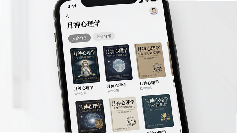 展示“月神心理学”APP知识库界面的手机屏幕,屏幕上显示着书籍列表和分类标签,布局网格化,风格学术与现代结合,细节体现文字排版美观,画质高清,干净背景