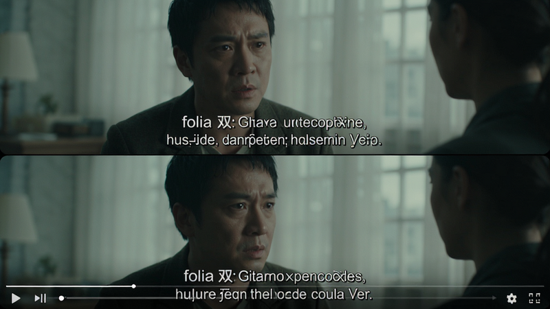 folia播放双语字幕显示效果演示,上下分屏字幕清晰可见,背景为电影画面,体现字幕同步功能