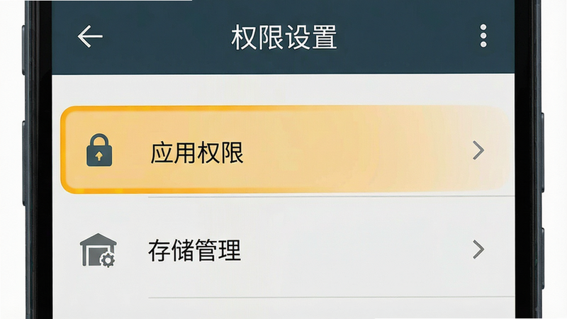 展示安卓手机设置界面,高亮显示“应用权限”与“存储管理”选项,主体为手机屏幕,布局简洁,风格扁平化UI设计,细节突出关键按钮,高清清晰,无干扰元素,文字“权限设置”位于顶部