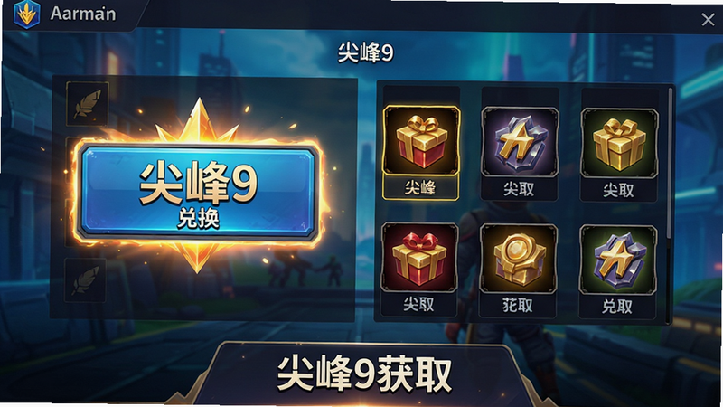 展示游戏内活动界面,突出“尖峰9”兑换按钮与活动倒计时,主体为游戏UI界面,布局清晰,风格鲜艳,细节展示奖励图标,高清质感,无多余装饰,文字“尖峰9获取”位于底部中央