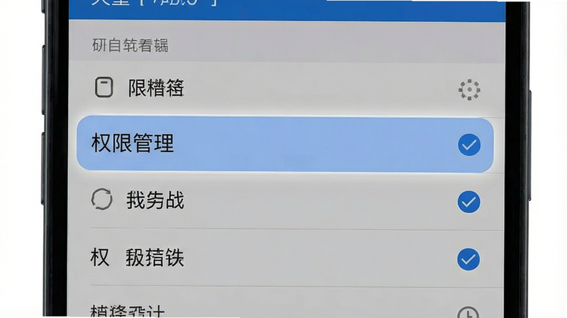 主体为手机设置界面截图,高亮显示“权限管理”选项,布局清晰列表式,排版标准系统风格,细节处有勾选标记,画质清晰,干净,无多余元素