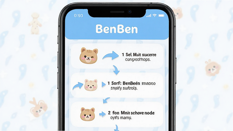 Boogu-Image: 主体为BenBen应用的新手引导界面,布局步骤化展示,排版清晰,风格友好亲切,细节展示箭头指引和说明文字,画质明亮,干净,无多余元素,文字