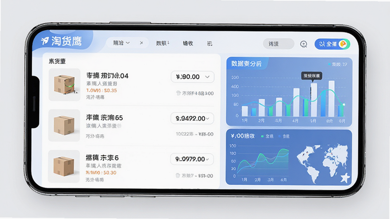 一张展示淘货鹰进货软件界面的高质量UI设计图,主体为手机屏幕,布局清晰,左侧显示商品列表,右侧显示数据图表,风格为现代扁平化,细节丰富,画质高清,干净无多余元素