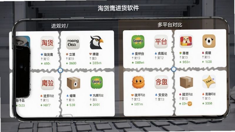 淘货鹰进货软件的多平台对比功能界面,主体为手机屏幕,布局为左右分栏对比模式,风格简洁商务,细节处体现不同平台图标,画质高清,无多余装饰