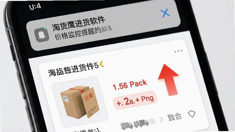 淘货鹰进货软件的价格监控提醒界面,主体为手机通知栏和商品卡片,布局突出价格变化箭头,风格醒目直观,细节清晰,画质细腻,干净无干扰元素