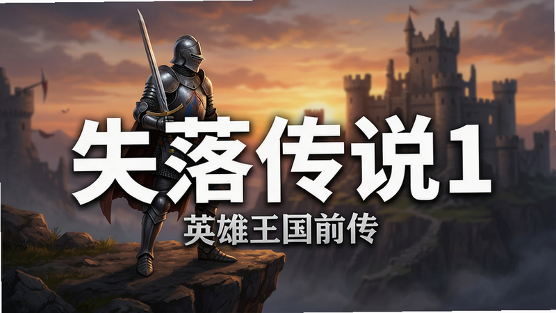 生成一张高清的游戏主界面海报,主体为手持长剑的骑士站在悬崖边,背景是朦胧的城堡废墟,天空呈现黄昏色调,画面中央醒目地展示白色加粗文字“失落传说1”,下方小字标注“英雄王国前传”,整体风格为欧美奇幻写实风,构图居中,色彩饱满,无多余杂乱元素,画质4k,干净清晰