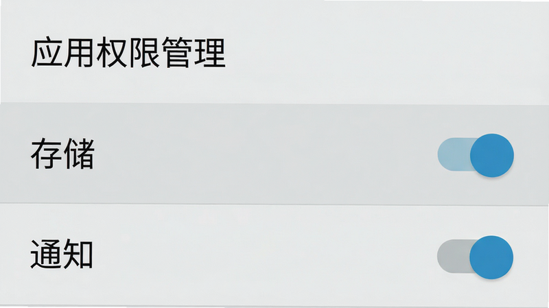 生成一张手机设置界面示意图,显示“应用权限管理”选项,高亮显示“存储”和“通知”权限开关,背景为浅灰色,文字清晰,风格为安卓系统UI,简洁明了,无多余图标,高清,无水印