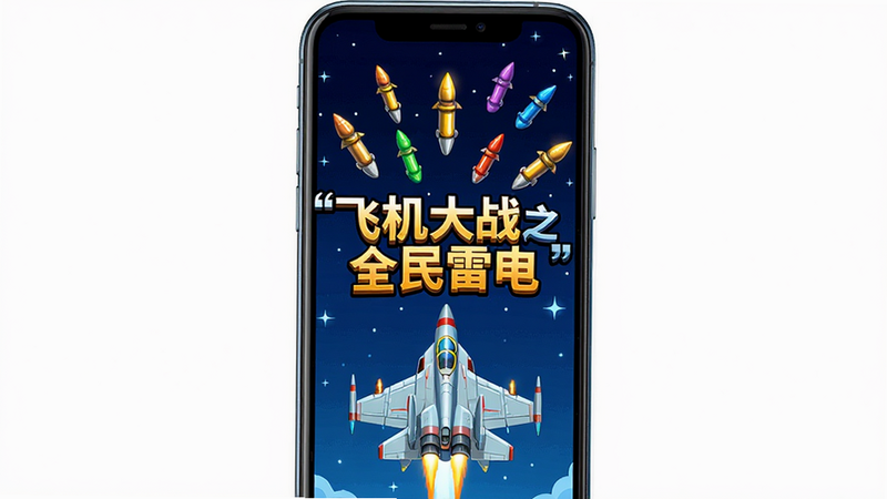 主体为一部竖屏智能手机,屏幕中央显示“飞机大战之全民雷电”游戏界面,主角战机位于屏幕底部中央,上方布满彩色子弹,背景为深蓝色星空,布局紧凑,排版清晰,风格为扁平化游戏UI,细节丰富,画质高清,干净,无多余元素,文字加引号
