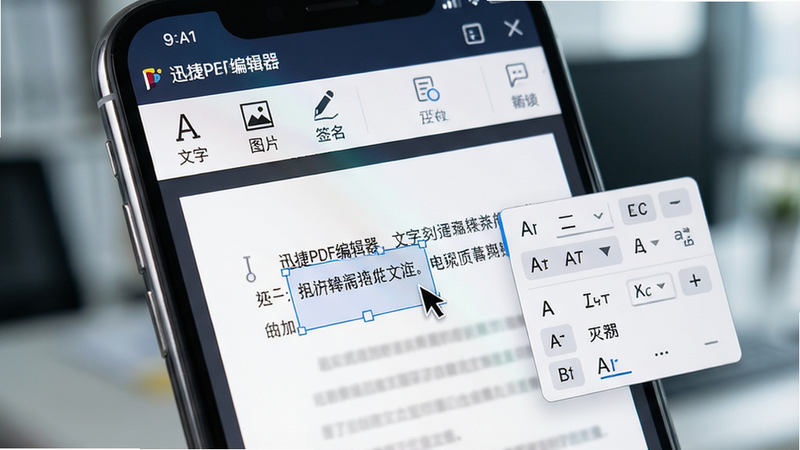�ֻ���Ļ��д����ʾ��Ѹ��PDF�༭�������ڱ༭һ���ĵ��Ľ��棬�����Ϸ��й����������������֡�����ͼƬ������ǩ������ͼ�꣬�м�������ʾһ��������PDF�ĵ������������ѡ��һ�����֣��Աߵ����������ò˵��������黯��ͻ����������ļ�������ã�����ϸ�ڣ�����Ƽ���