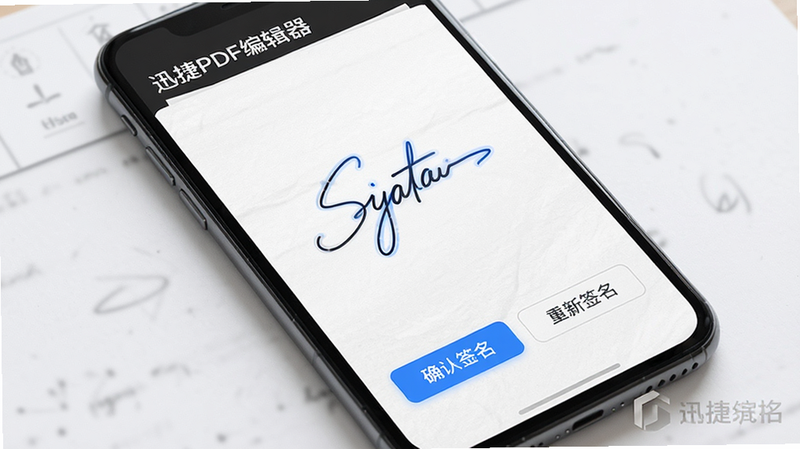 �ֻ�����չʾ��Ѹ��PDF�༭������ǩ������ҳ�棬��Ļ������ʾһ����дǩ���Ĺ켣�������·��С�ȷ��ǩ�����͡�����ǩ������ť������Ϊ��ɫ�ĵ�ֽ���������������½���ʾһ����������ҵLogoˮӡʾ�⣬�������Լ��רҵ��ǿ����ȫ�������ԣ�����ϸ�ڣ�������Ԫ��