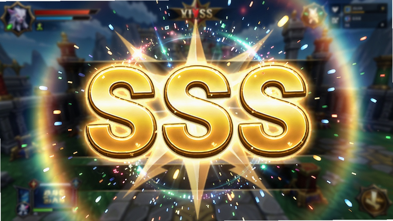 主体为游戏结算界面的特写,中央显示巨大的金色“SSS”评级字样,周围环绕着绚丽的粒子特效与光晕,背景为模糊的游戏场景,突出胜利的喜悦感,色彩鲜艳,对比度高,细节丰富,4k画质,无文字水印