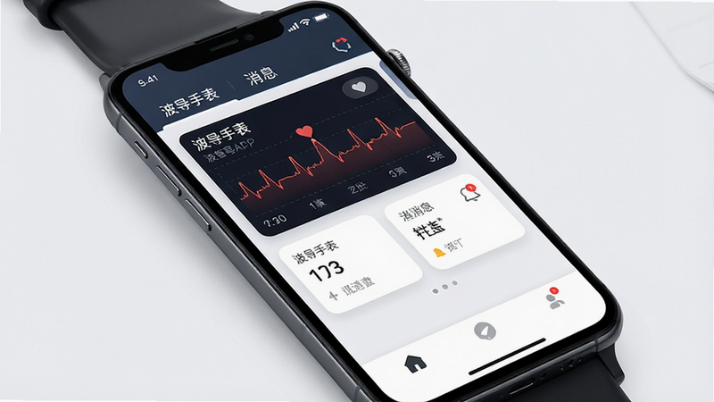 主体为手机屏幕显示波导手表APP界面,布局清晰分为顶部状态栏、中部功能卡片和底部导航,排版整洁有序,风格为现代简约科技风,细节展示心率曲线和消息通知图标,画质高清,干净,无多余元素,文字“波导手表”清晰可见