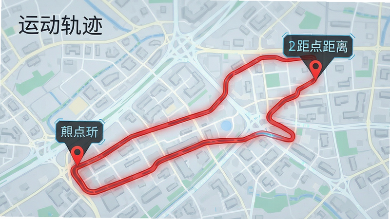 主体为运动轨迹地图,布局背景为城市街道地图,前景为红色运动路线,排版简洁,风格为科技地图风,细节显示起点终点标记和距离数据,画质清晰,干净,无多余元素,文字“运动轨迹”显示