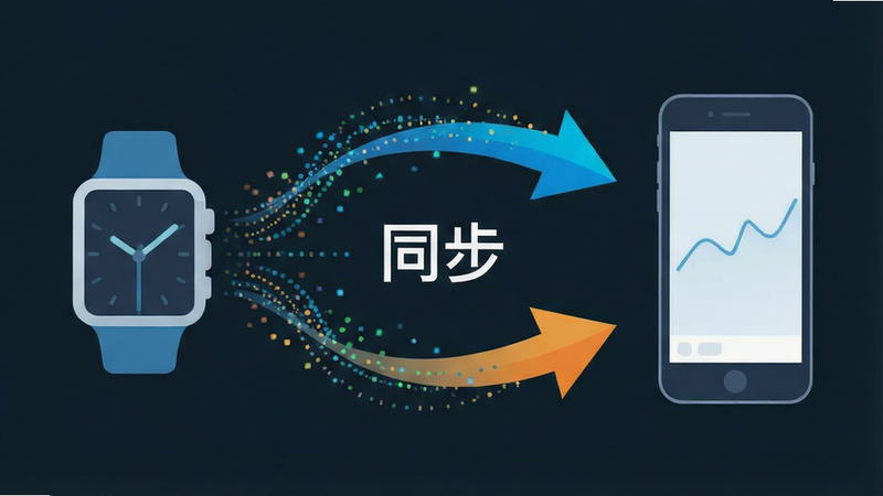 主体为数据同步流程图,布局左侧为手表图标,右侧为手机图标,中间通过动态箭头连接,排版平衡,风格为扁平化设计,细节显示数据流粒子效果,画质清晰,干净,无多余元素,文字“同步”居中