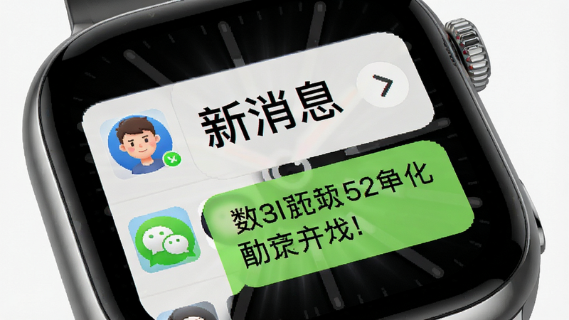 主体为手表屏幕显示微信消息弹窗,布局聚焦于手表表盘区域,排版紧凑,风格为真实产品渲染图,细节显示消息头像和文字气泡,画质逼真,干净,无多余元素,文字“新消息”醒目