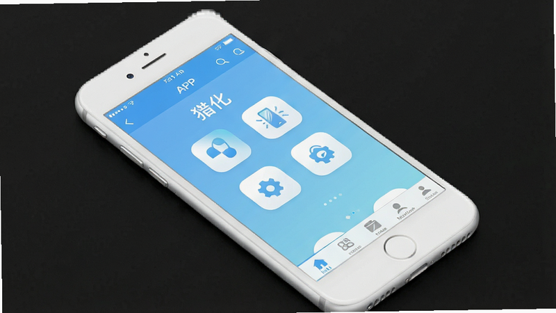 主体为一部白色智能手机,屏幕中央显示着“猎化”APP的主界面,界面采用极简扁平化设计,顶部有清晰的导航栏,中部展示四个核心功能图标,底部为标签页,背景为浅蓝色渐变,布局整齐,排版清晰,风格现代科技感,细节丰富,画质高清,干净,无多余元素