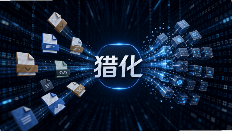 主体为抽象的数字化数据流背景,中心悬浮着“猎化”LOGO,周围环绕着不同文件格式的图标正在被吸入并转化为统一的数据块,布局呈放射状,排版动态感强,风格科技蓝色调,细节展现数据流动的光效,画质8k,干净,无多余元素