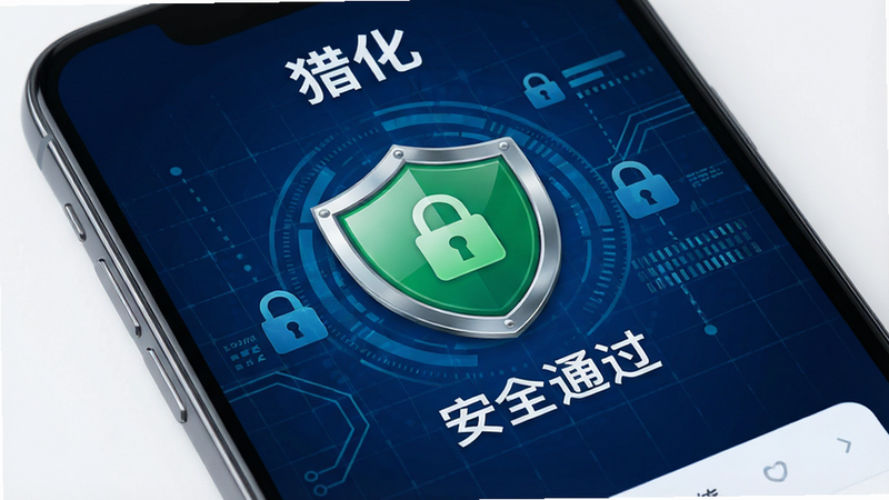 主体为一部手机屏幕特写,显示“猎化”APP的安全中心界面,包含一个绿色盾牌图标和“安全通过”字样,背景为深蓝色科技感网格,布局中心对称,排版严谨,风格商务安全风,细节展现盾牌的光泽与数据锁符号,画质高清,干净,无多余元素