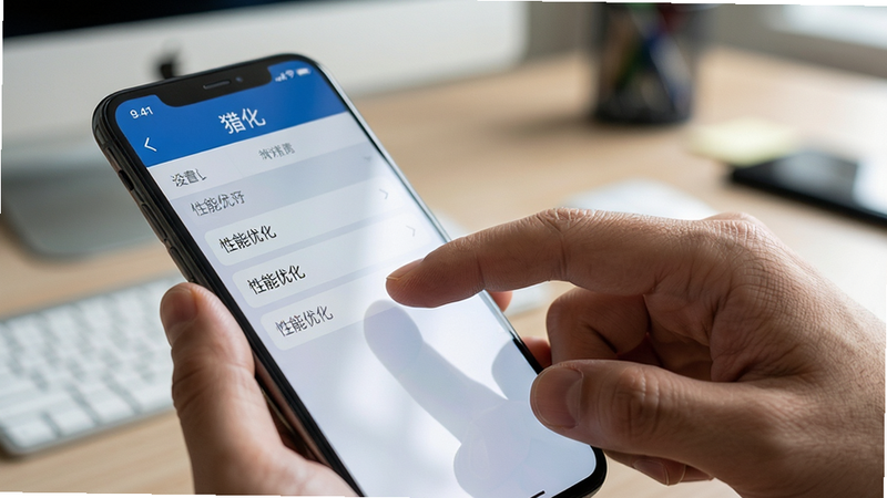 主体为一只手正在操作手机屏幕,屏幕上显示“猎化”APP的设置界面,手指点击“性能优化”选项,背景为模糊的办公桌面,布局聚焦于手部动作与屏幕内容,排版清晰,风格写实摄影,细节展现手指纹理与屏幕反光,画质高清,干净,无多余元素