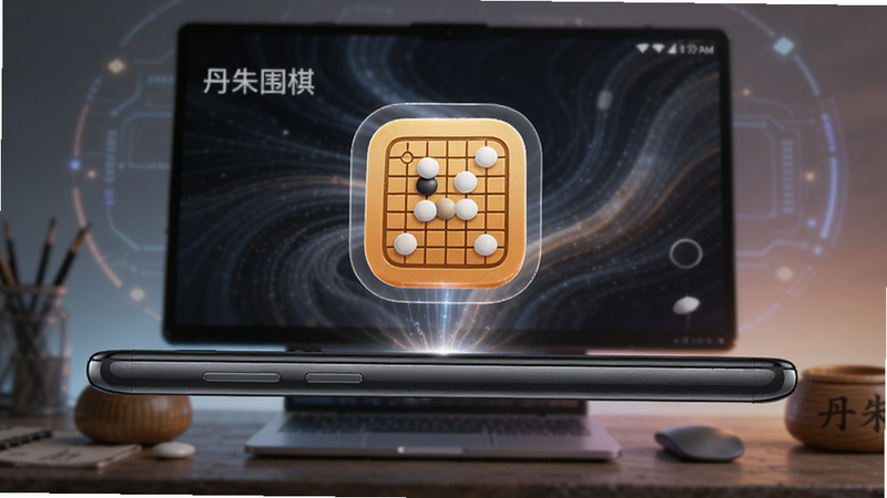 主体为安卓手机侧视图与桌面背景,显示丹朱围棋APP图标悬浮,布局立体,排版协调,风格科技感,细节处有光影效果,画质精致,干净,无多余元素,文字