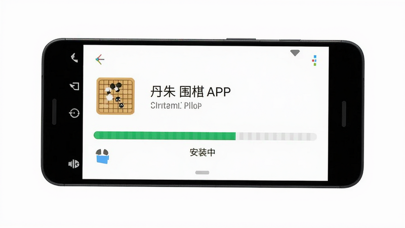 主体为安卓手机安装界面,显示丹朱围棋APP安装进度条,布局简洁,排版居中,风格扁平化,细节处有系统图标,画质清晰,干净,无多余元素,文字
