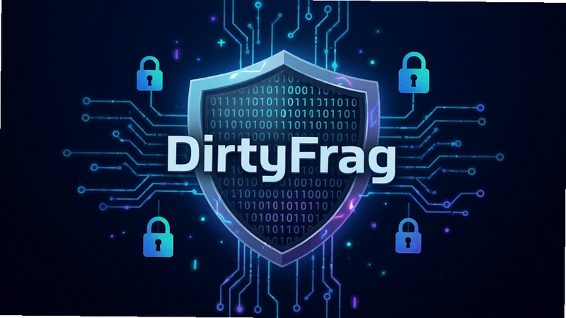 一张高科技风格的数字艺术图,主体是悬浮在深蓝色背景中的 DirtyFrag 软件图标,图标呈盾牌形状并带有二进制代码纹理,周围环绕着发光的电路线条和锁形符号,布局居中,排版简洁现代,风格为赛博朋克科技感,细节清晰,画质高清,干净无多余元素