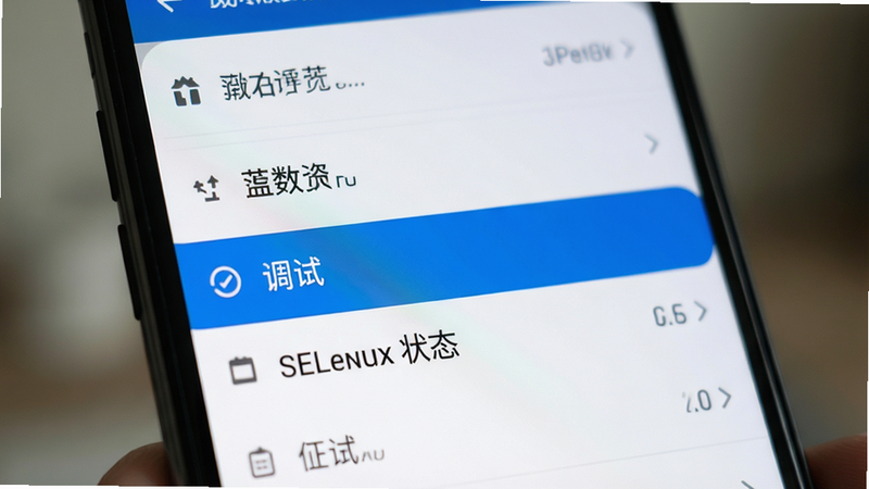一张手机屏幕特写,显示开发者选项菜单,高亮显示“调试”和“SELinux 状态”选项,背景虚化,风格写实,细节清晰,画质高,干净无多余元素