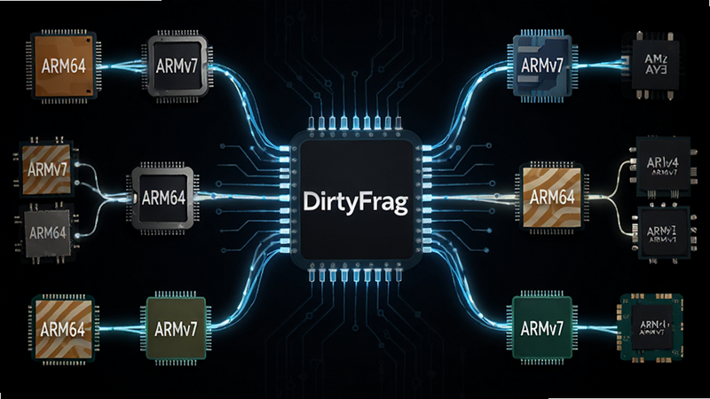 一张展示多种手机芯片组对比的示意图,中间是 DirtyFrag 的 Logo,周围连接着代表 ARM64 和 ARMv7 的节点,连线呈发光状态,布局呈放射状,排版整齐,风格为科技图表风,细节丰富,画质高,干净无多余元素