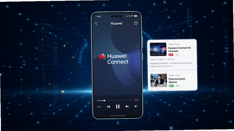 主体为一部悬浮的智能手机,屏幕中央显示“Huawei Connect”应用界面,背景为深蓝色科技网格与光效,布局中心对称,排版简洁现代,风格为极简主义科技风,细节展现高清视频播放控件与新闻卡片列表,画质4k高清,干净无多余元素,文字清晰可见“Huawei Connect”