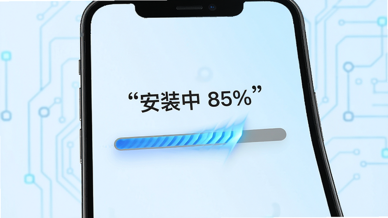 主体为手机屏幕显示的安装进度条,中心是“安装中 85%”字样,背景为淡蓝色渐变,布局中心聚焦,排版极简,风格为现代科技感,细节展示进度条动态效果,画质高清,干净,文字加引号“安装中”