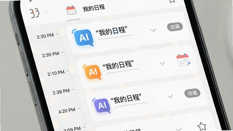 主体为手机界面中的日历与列表混合视图,左侧是时间轴,右侧是带有图标的议程卡片,布局左右分栏,排版清晰有序,风格为扁平化UI设计,细节展示高亮的“AI”标签与“收藏”按钮,画质清晰,干净,文字加引号“我的日程”