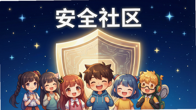 一张象征安全与信任的插画,主体是一个发光的盾牌图标,保护着一群快乐的二次元动漫角色。背景为深蓝色星空,点缀着星光。文字“安全社区”以白色发光字体显示在盾牌上方。布局中心对称,风格庄重而温暖,细节丰富,盾牌上有细微的科技纹路,画质高清,无杂乱元素,强调保护感。