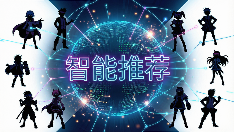 一张科技感与二次元结合的概念图,画面中心是一个巨大的数据球体,周围环绕着各种漫画角色剪影和连接线条。文字“智能推荐”以霓虹灯效果悬浮在空中,布局呈放射状,风格现代且富有未来感,细节处有光粒子特效,画质高清,色彩鲜艳,无多余背景干扰,清晰聚焦核心概念。