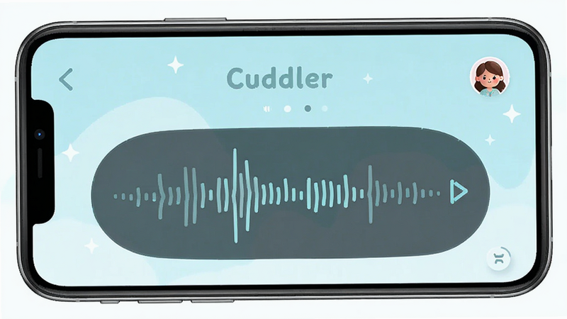 主体为Cuddler应用的主界面截图,布局居中展示,排版清晰,风格清新可爱,细节包含语音波形动画与用户头像,画质高清,干净,无多余元素
