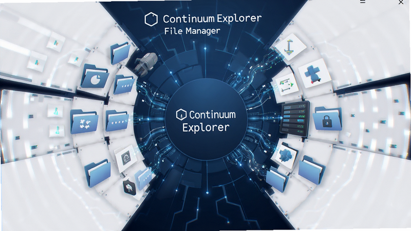 一张高清数字艺术图,主体为 Continuum Explorer 软件界面,布局呈中心辐射状,排版整洁现代,风格为极简科技风,细节展现文件夹图标与数据流动的光效,画质8K,干净,无多余元素,背景为深蓝色渐变,文字显示
