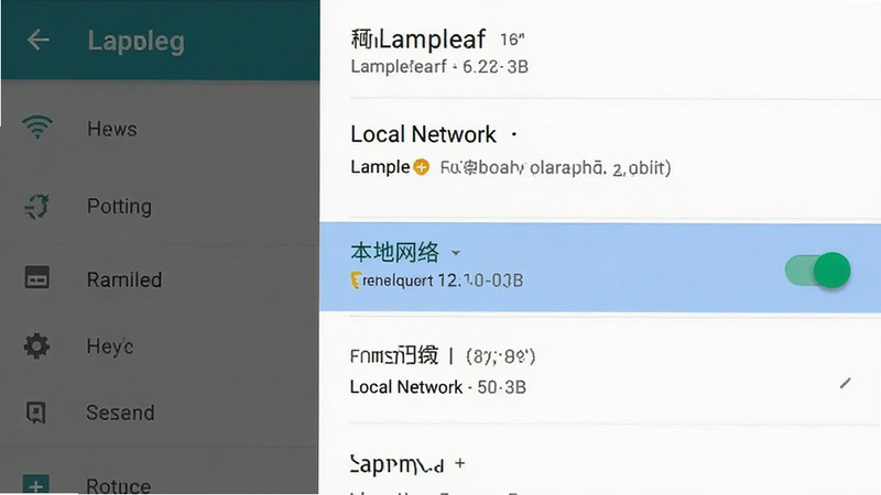 ����ΪLampleafӦ��Ȩ�����ý����ͼ������Ϊ��׼�İ�׿�����б���ʽ��������ʾ'��������'Ȩ�޿��أ����ΪϵͳUI���ϸ��չʾ����״̬Ϊ�����������������ɾ�������'Local Network'�ɼ�