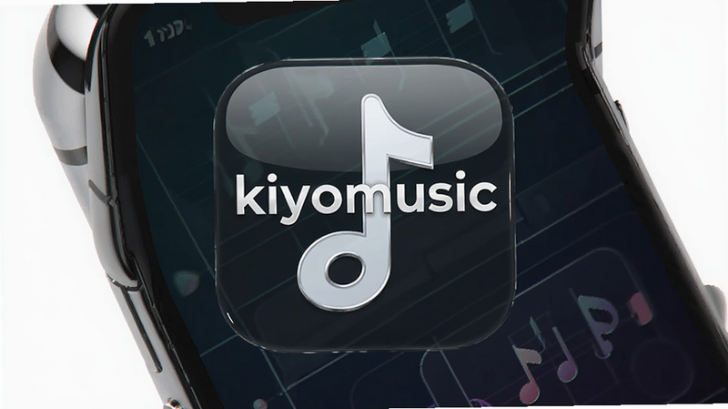 主体为kiyomusic应用图标与手机背景合成图,布局居中构图,排版简洁大气,风格为现代科技感,细节展示应用图标的光泽感与手机屏幕的清晰度,画质超清,干净,无多余元素,图中文字为
