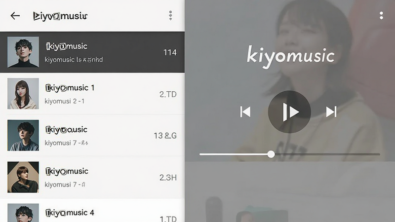 主体为kiyomusic安卓应用界面截图,布局采用左侧列表右侧播放器的双栏结构,排版整洁现代,风格为极简扁平化设计,细节展示歌曲列表与播放进度条,画质高清,干净,无多余元素,图中文字为
