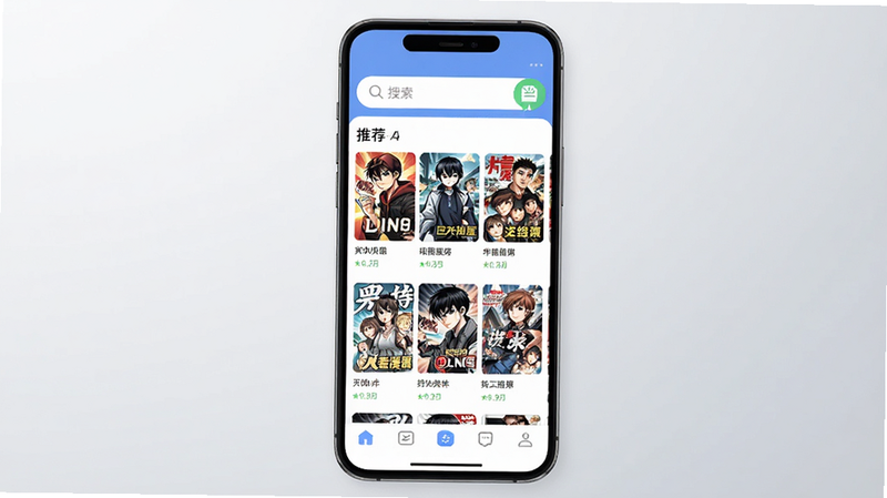 主体为手机屏幕展示看漫屋APP首页界面,布局清晰分为顶部搜索栏、中部推荐漫画网格、底部导航栏,排版整齐有序,风格为现代简约扁平化设计,细节包含高清漫画封面缩略图、清晰的功能图标,画质高清,干净无多余元素,背景为柔和的浅灰色渐变