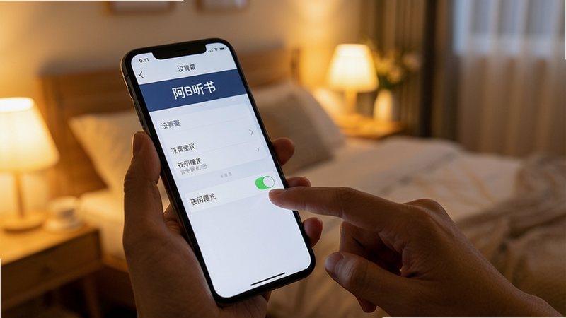 一只手拿着智能手机,屏幕显示“阿B听书”设置界面,手指正在滑动“夜间模式”开关,背景模糊的温馨卧室环境,暖色调灯光,突出操作细节,真实摄影风格,高清,干净