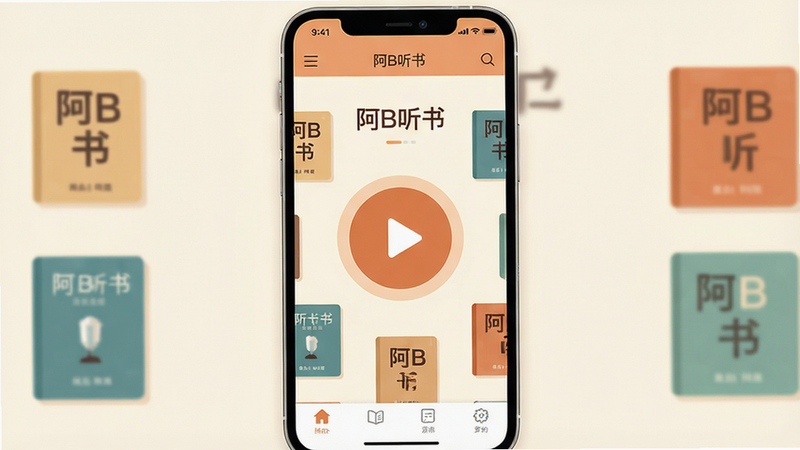 一张扁平化设计风格的手机应用界面展示图,主体为“阿B听书”应用首页,背景为柔和的米白色,中间有一个巨大的圆形播放按钮,周围环绕着简洁的书籍封面缩略图,顶部有清晰的导航栏,底部有功能标签,整体布局整洁,色彩搭配温馨舒适,无多余装饰元素,高清,干净