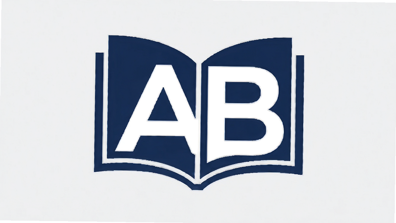 一个简洁的标志设计,字母“AB”组合成书本形状,颜色为深蓝色和白色,背景为浅灰色,现代极简风格,矢量图,高清,无文字